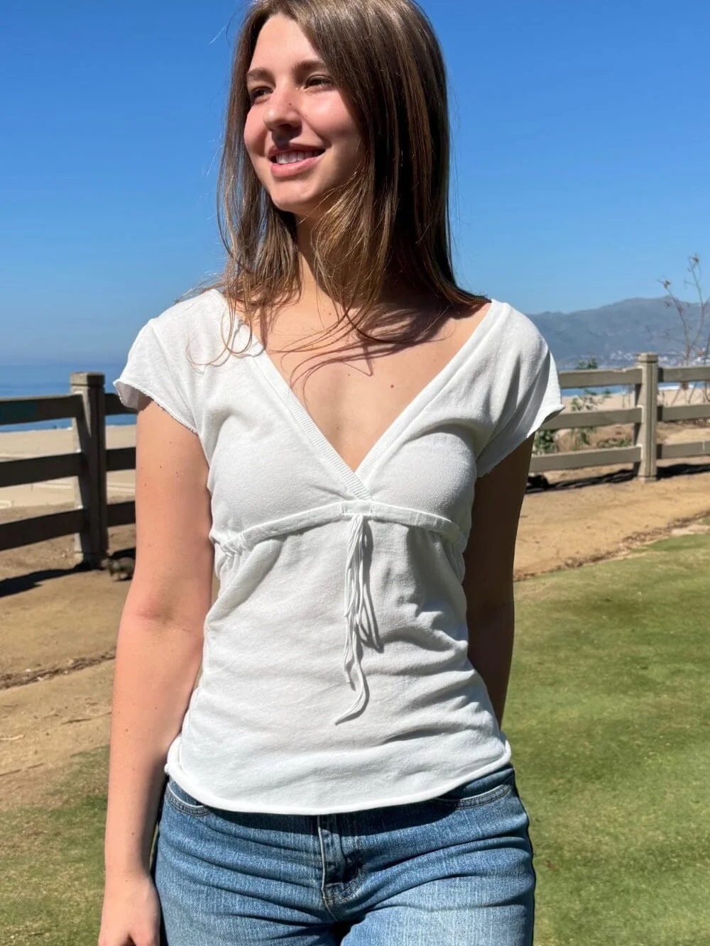 Brandy Melville Off White V-Neck Tie-Front Top